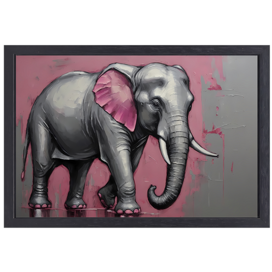 Abstracte olifant in zilver en roze canvas met baklijst