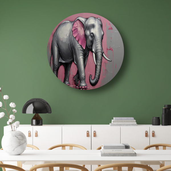 Abstracte olifant in zilver en roze aluminium muurcirkel