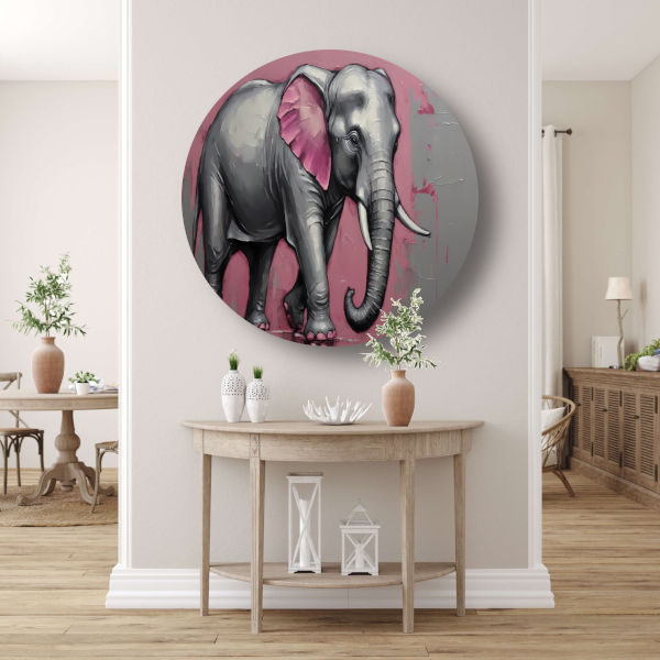 Abstracte olifant in zilver en roze aluminium muurcirkel