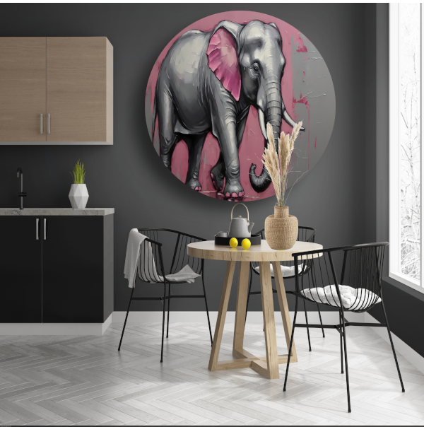 Abstracte olifant in zilver en roze aluminium muurcirkel