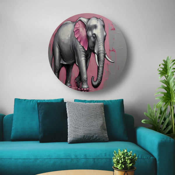 Abstracte olifant in zilver en roze aluminium muurcirkel