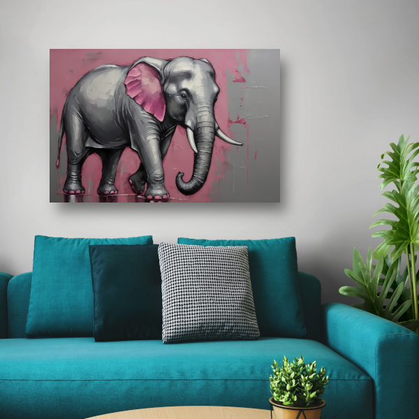 Abstracte olifant in zilver en roze canvas met baklijst