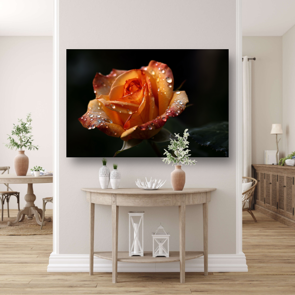 Roos met waterdruppels in close-up canvas met baklijst