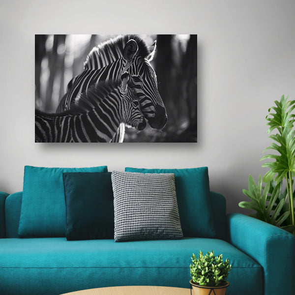 Intiem moment tussen zebra moeder en jong poster