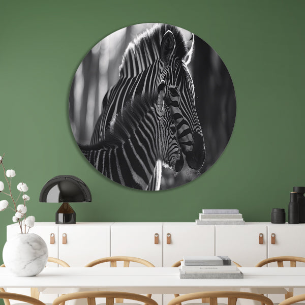 Intiem moment tussen zebra moeder en jong aluminium muurcirkel