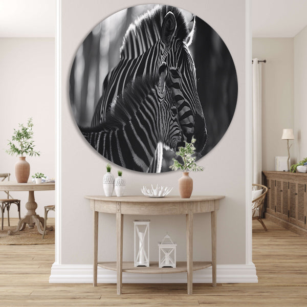 Intiem moment tussen zebra moeder en jong aluminium muurcirkel