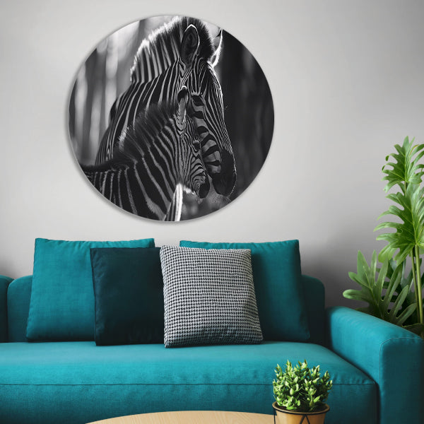 Intiem moment tussen zebra moeder en jong aluminium muurcirkel