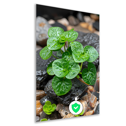 Jonge groene plant tussen stenen poster