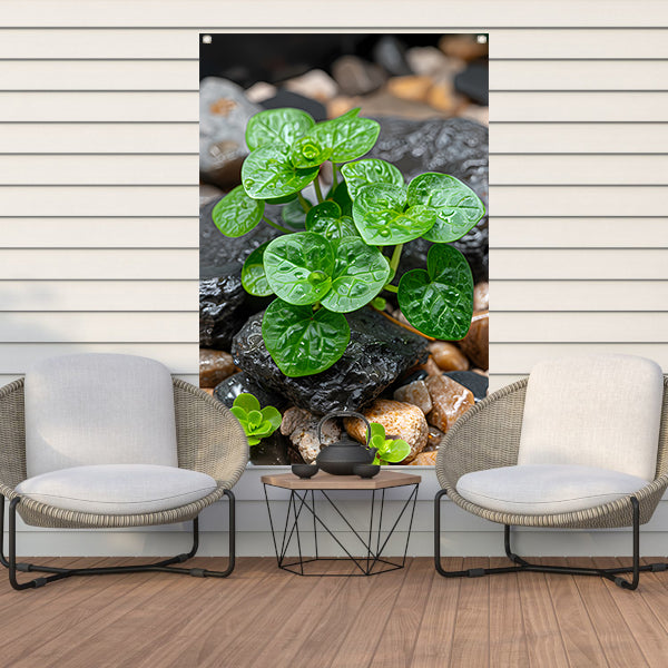 Jonge groene plant tussen stenen tuinposter