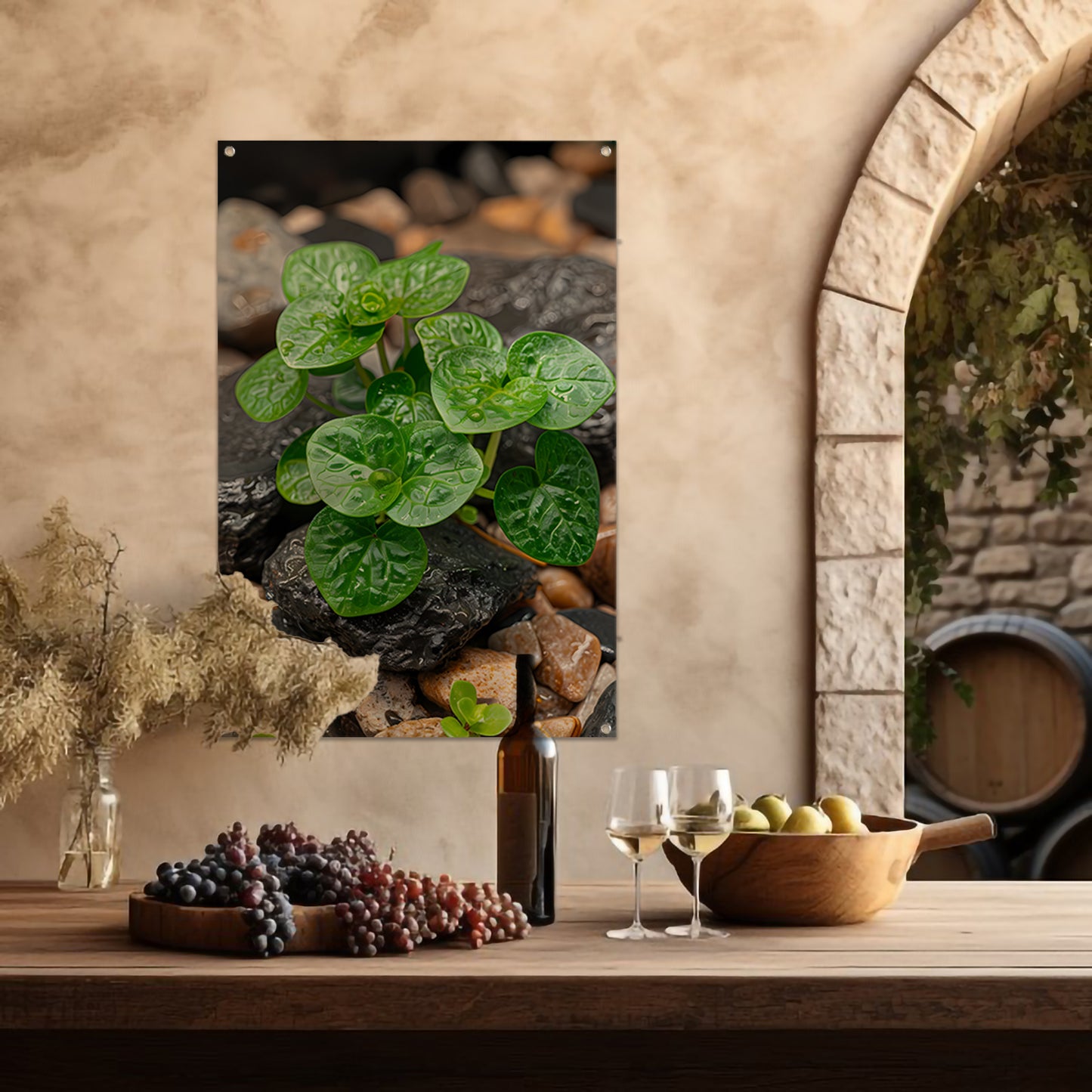 Jonge groene plant tussen stenen tuinposter