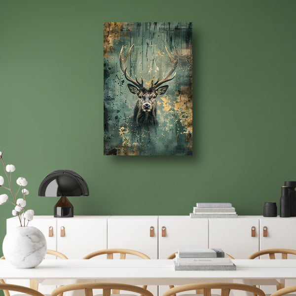 Hert met abstracte achtergrond in groen en goud canvas