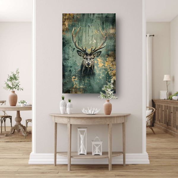 Hert met abstracte achtergrond in groen en goud canvas