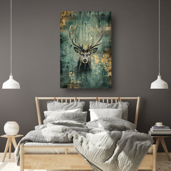 Hert met abstracte achtergrond in groen en goud canvas
