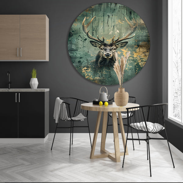 Hert met abstracte achtergrond in groen en goud aluminium muurcirkel