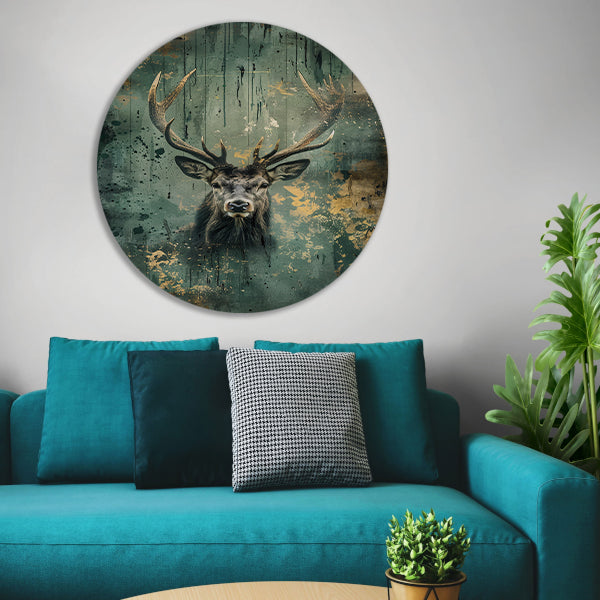 Hert met abstracte achtergrond in groen en goud aluminium muurcirkel