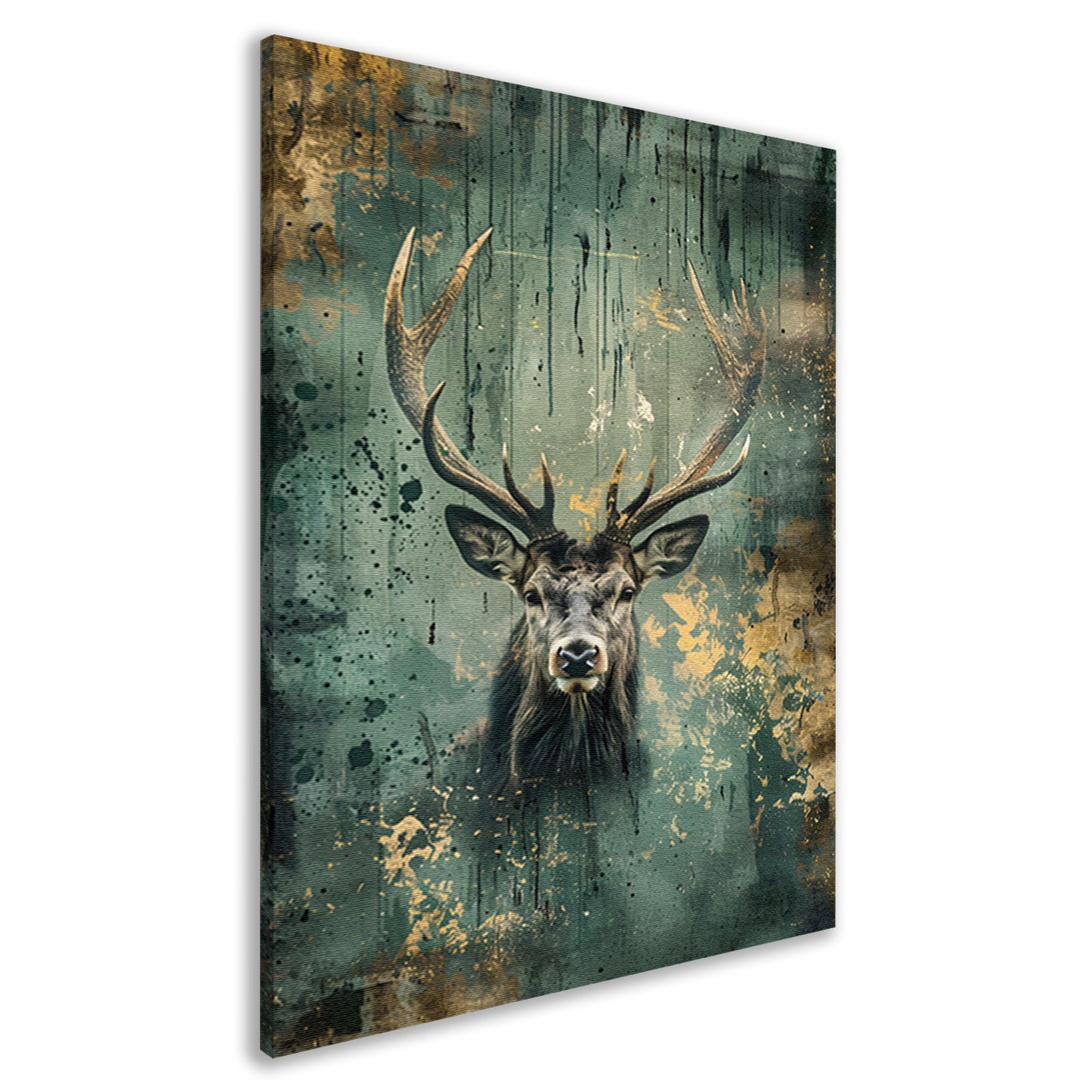 Hert met abstracte achtergrond in groen en goud canvas