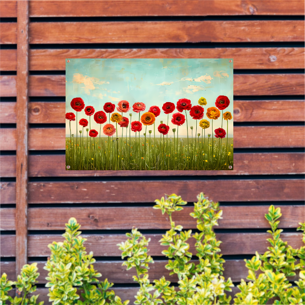 Levendige bloemen tegen blauwe lucht tuinposter
