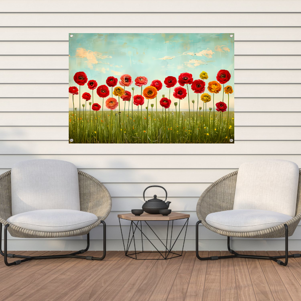 Levendige bloemen tegen blauwe lucht tuinposter