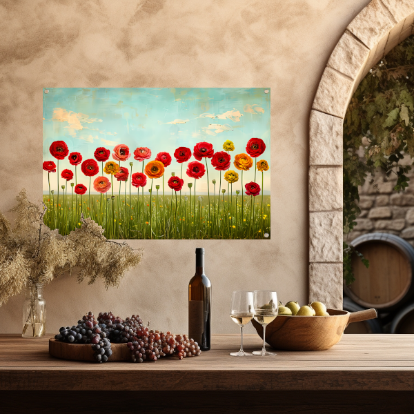 Levendige bloemen tegen blauwe lucht tuinposter