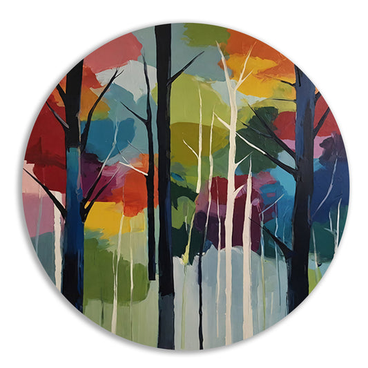 Bosgezicht in Abstracte Kleurenpracht aluminium muurcirkel
