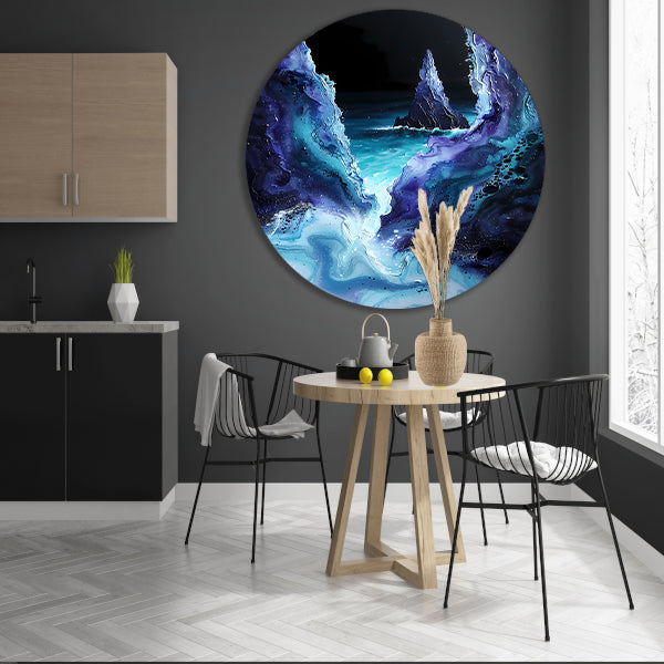Abstract zeelandschap met zeilboot in kleuren aluminium muurcirkel