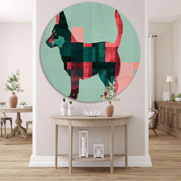 Abstracte kleurrijke hond in geometrische vlakken aluminium muurcirkel