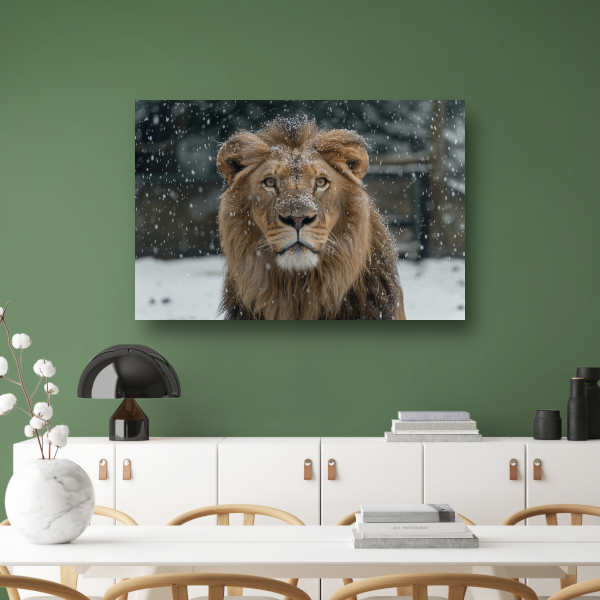 Majestueuze Leeuw in Sneeuwbedekte Wildernis poster