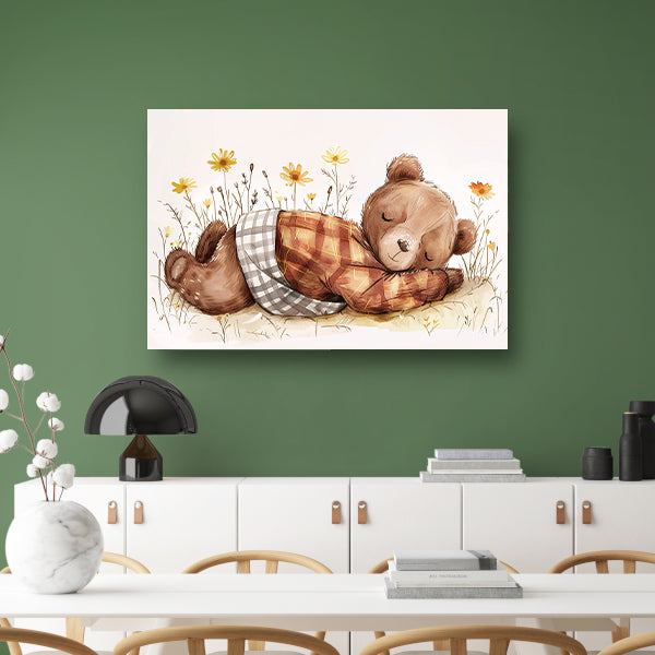 Schattige slapende beer in bloemenveldcanvas