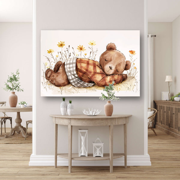 Schattige slapende beer in bloemenveldcanvas