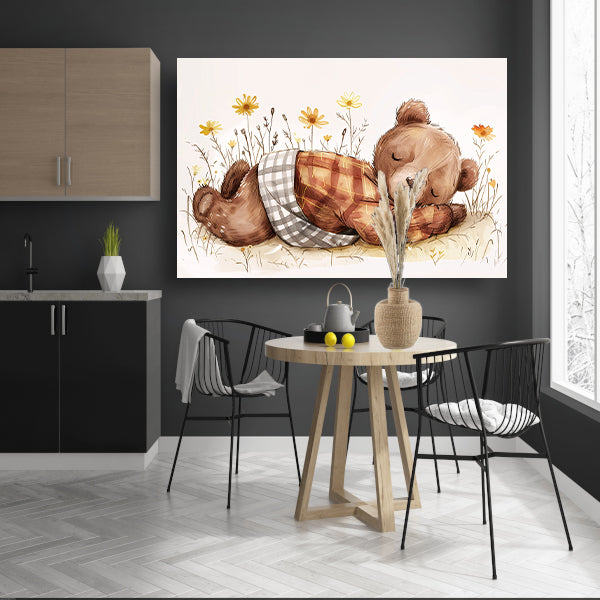 Schattige slapende beer in bloemenveldcanvas