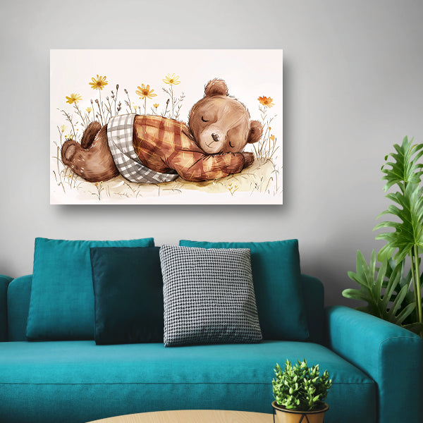 Schattige slapende beer in bloemenveldcanvas