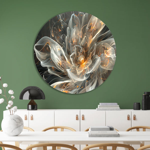 Abstracte digitale bloem met vurige accenten aluminium muurcirkel