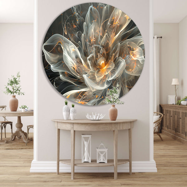 Abstracte digitale bloem met vurige accenten aluminium muurcirkel