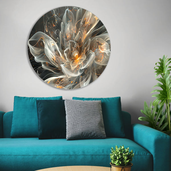 Abstracte digitale bloem met vurige accenten aluminium muurcirkel