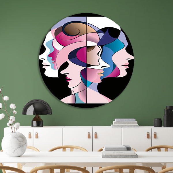 Abstracte gelaagde gezichten in felle kleuren aluminium muurcirkel