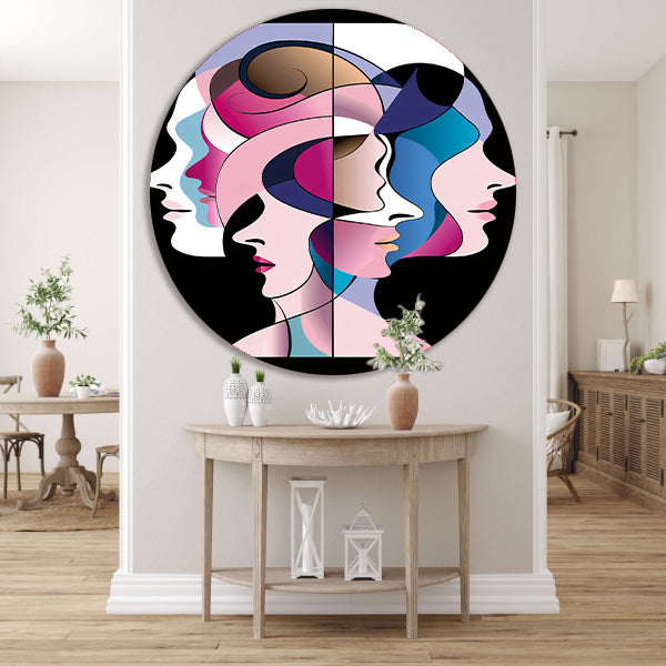 Abstracte gelaagde gezichten in felle kleuren aluminium muurcirkel