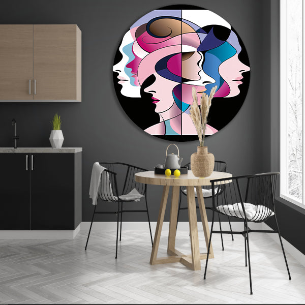Abstracte gelaagde gezichten in felle kleuren aluminium muurcirkel
