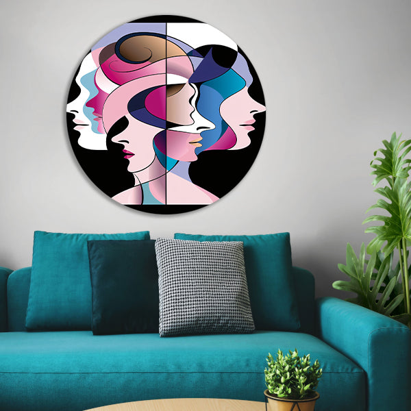 Abstracte gelaagde gezichten in felle kleuren aluminium muurcirkel