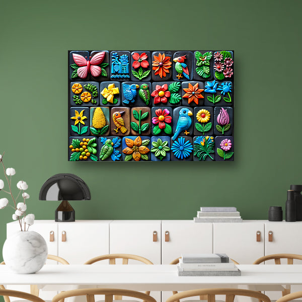 Kleurrijke Bloemen en Vogels in Kunstvorm canvas