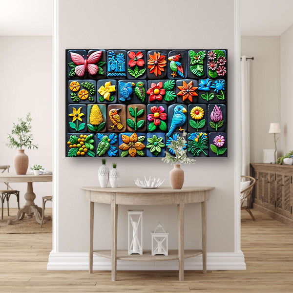 Kleurrijke Bloemen en Vogels in Kunstvorm canvas