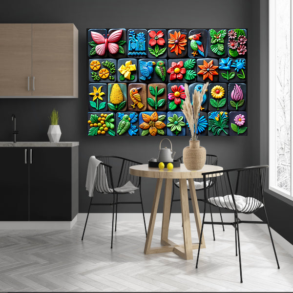 Kleurrijke Bloemen en Vogels in Kunstvorm canvas