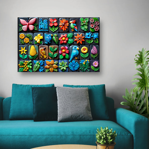Kleurrijke Bloemen en Vogels in Kunstvorm canvas