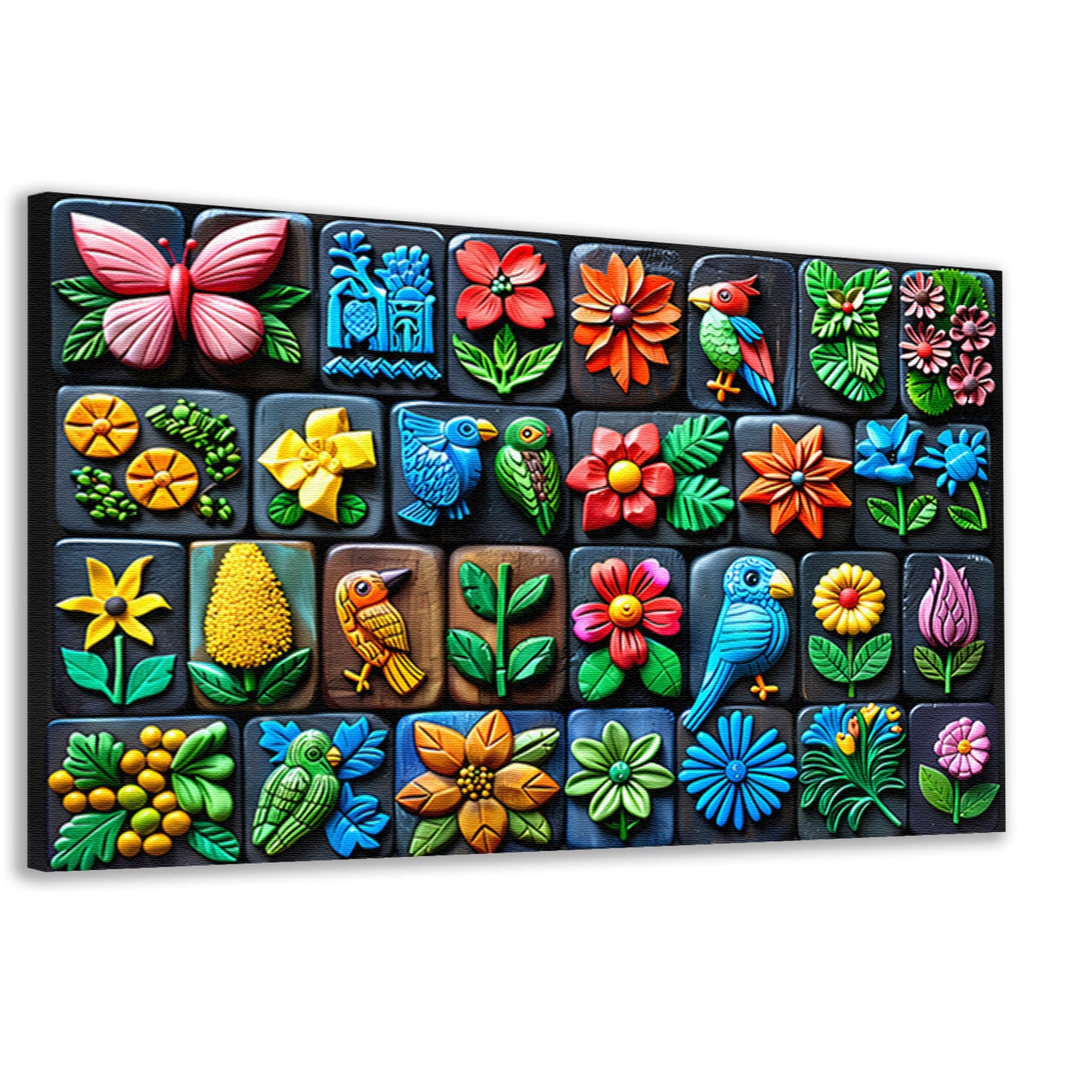 Kleurrijke Bloemen en Vogels in Kunstvorm canvas