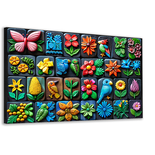 Kleurrijke Bloemen en Vogels in Kunstvorm canvas