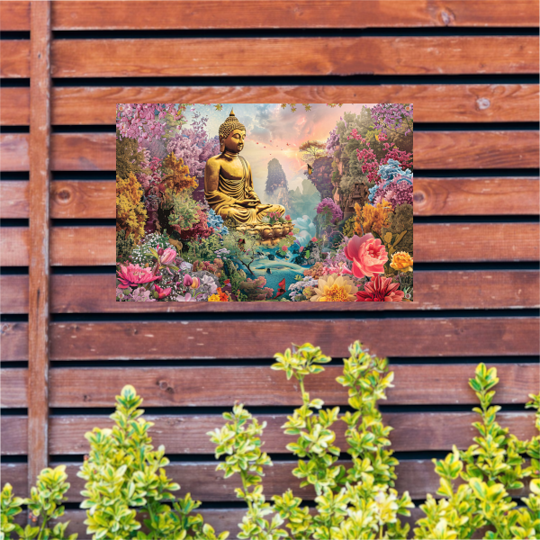 Boeddha Meditatie in Eclectische Bloementuin tuinposter