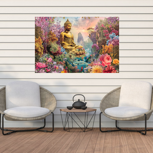 Boeddha Meditatie in Eclectische Bloementuin tuinposter