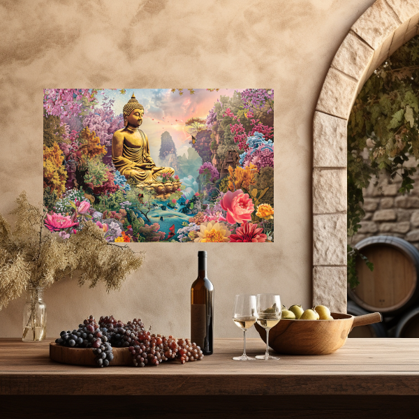 Boeddha Meditatie in Eclectische Bloementuin tuinposter
