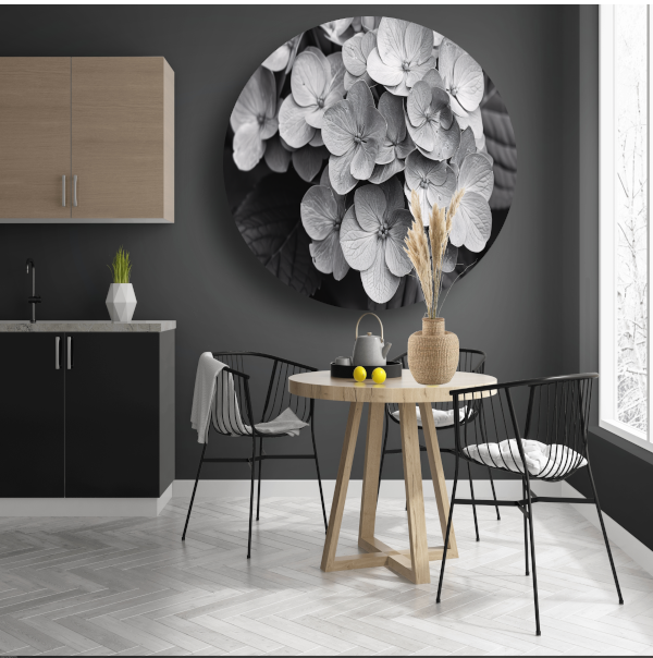 Hydrangea in Zwart-Wit aluminium muurcirkel