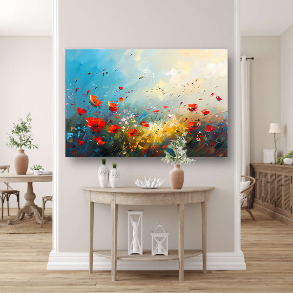 Abstract bloemenveld met felle kleuren en vogels poster