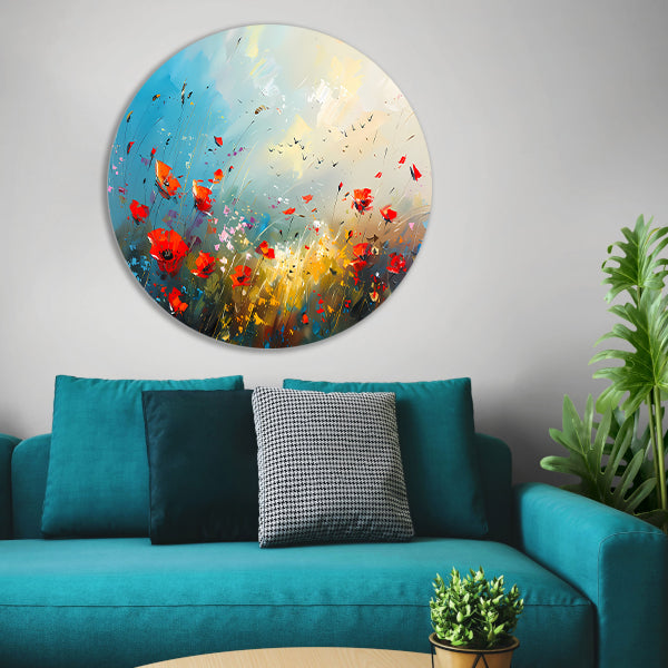 Abstract bloemenveld met felle kleuren en vogels aluminium muurcirkel